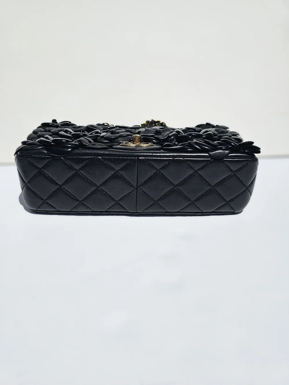 Auth Chanel black leather 3d camellia medium flap bag htf